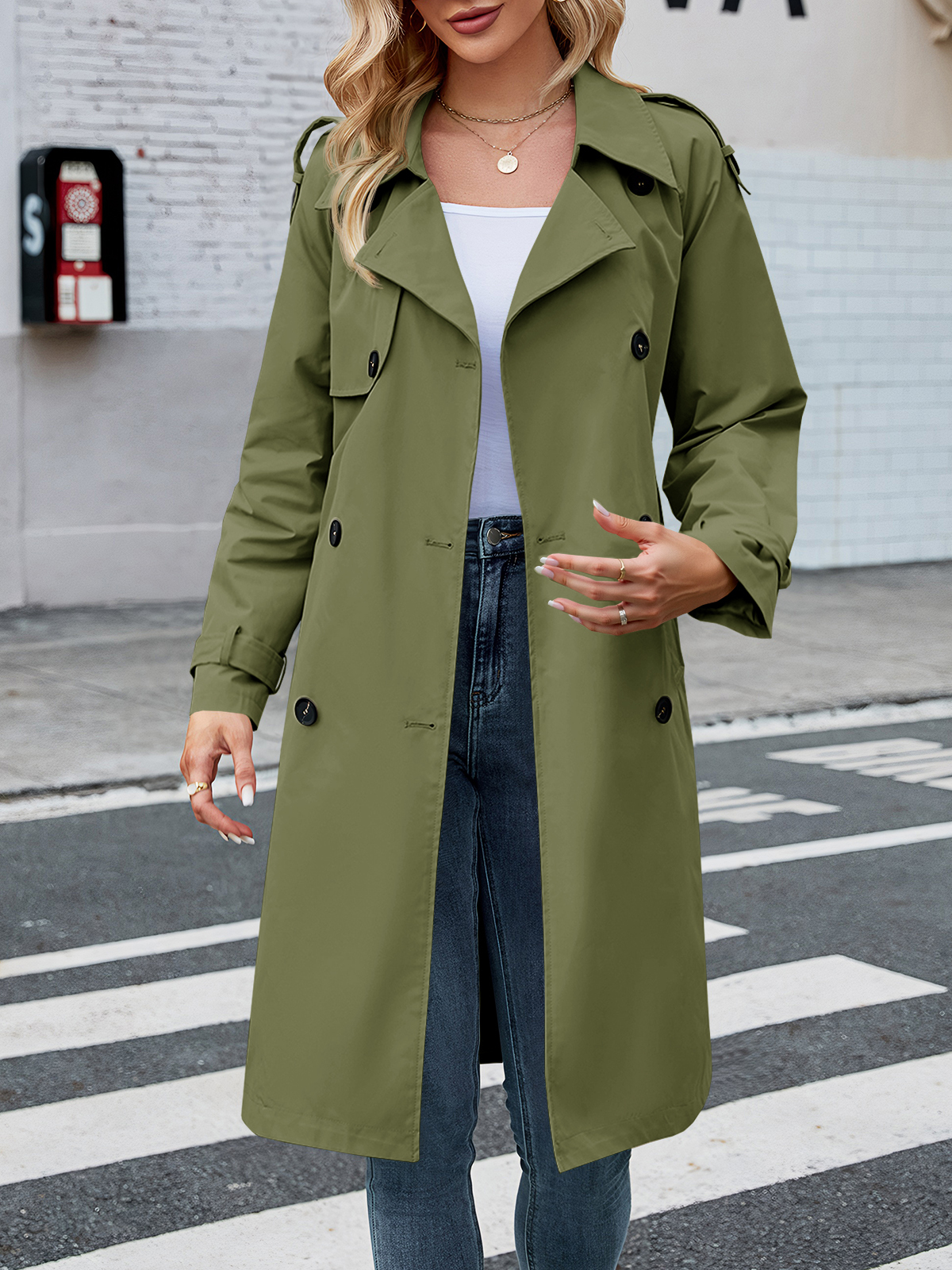 Women's Double Breasted Long Trench Coat Windproof Classic Lapel Slim Overcoat with Belt