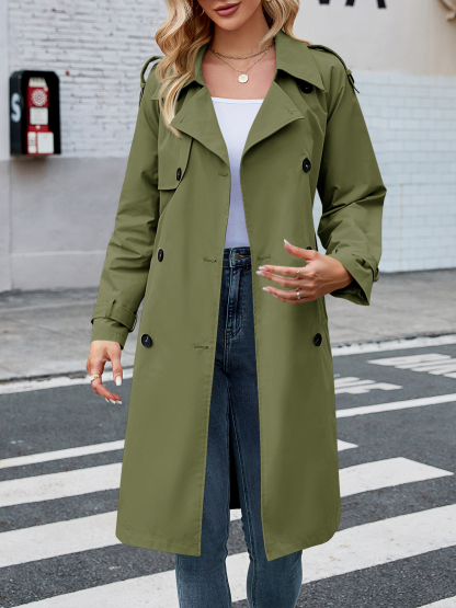 Women's Double Breasted Long Trench Coat Windproof Classic Lapel Slim Overcoat with Belt