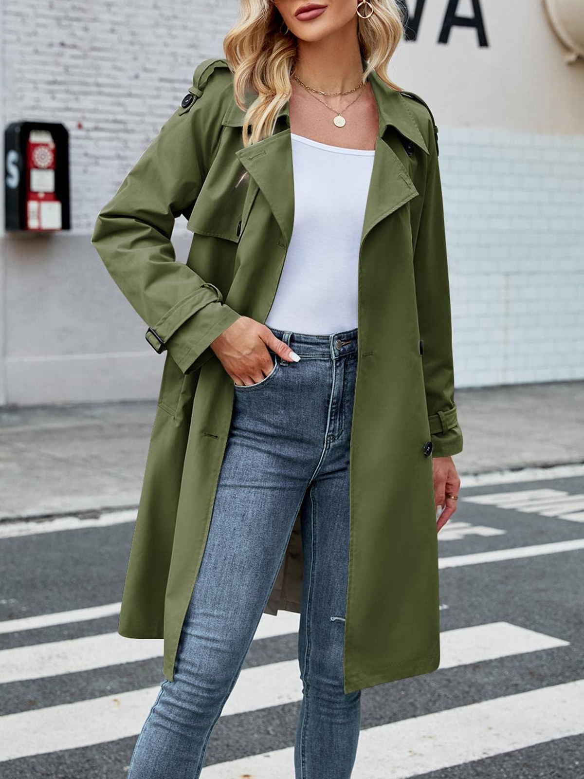 Women's Double Breasted Long Trench Coat Windproof Classic Lapel Slim Overcoat with Belt