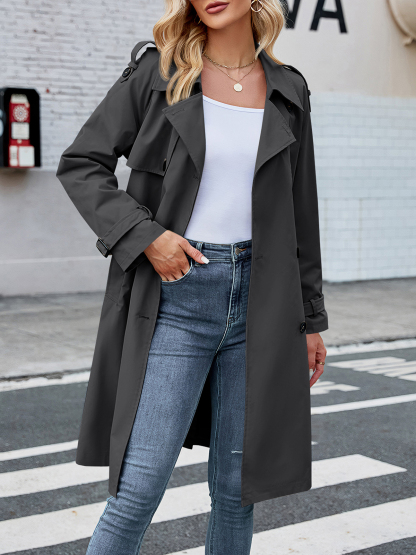 Women's Double Breasted Long Trench Coat Windproof Classic Lapel Slim Overcoat with Belt