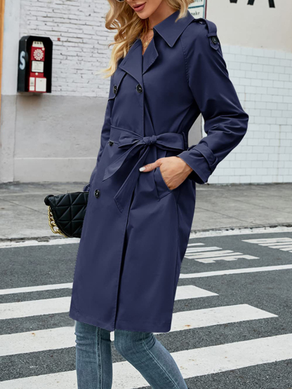 Women's Double Breasted Long Trench Coat Windproof Classic Lapel Slim Overcoat with Belt