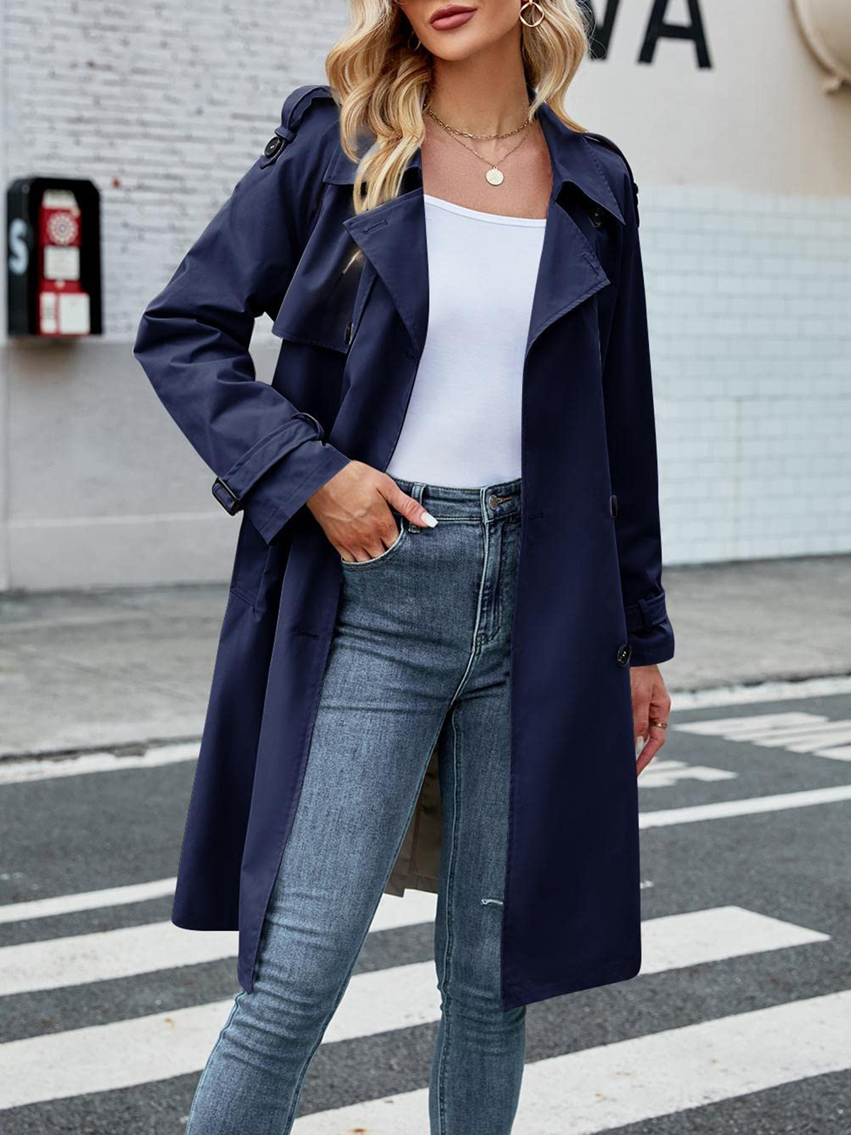 Women's Double Breasted Long Trench Coat Windproof Classic Lapel Slim Overcoat with Belt