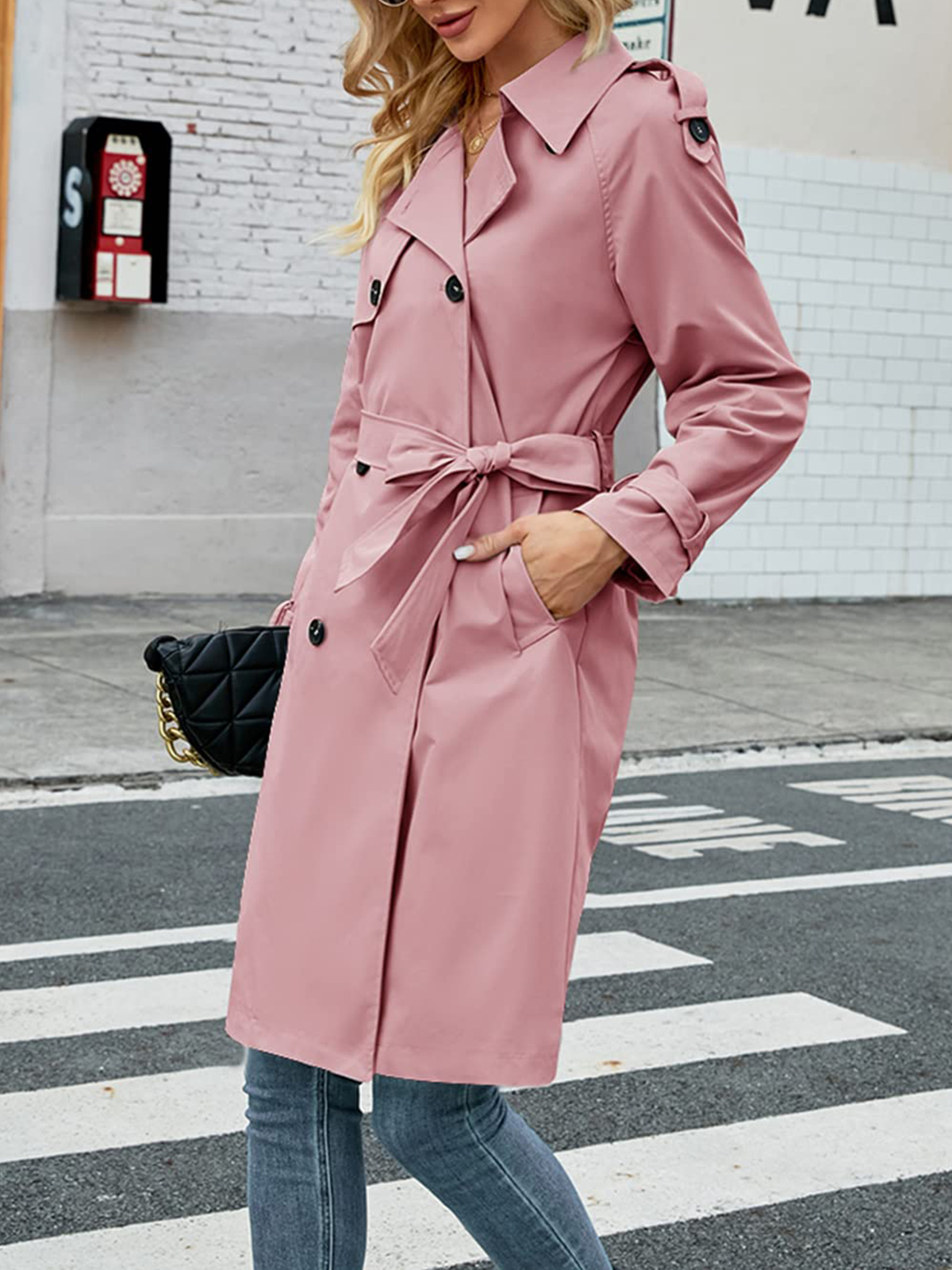 Women's Double Breasted Long Trench Coat Windproof Classic Lapel Slim Overcoat with Belt