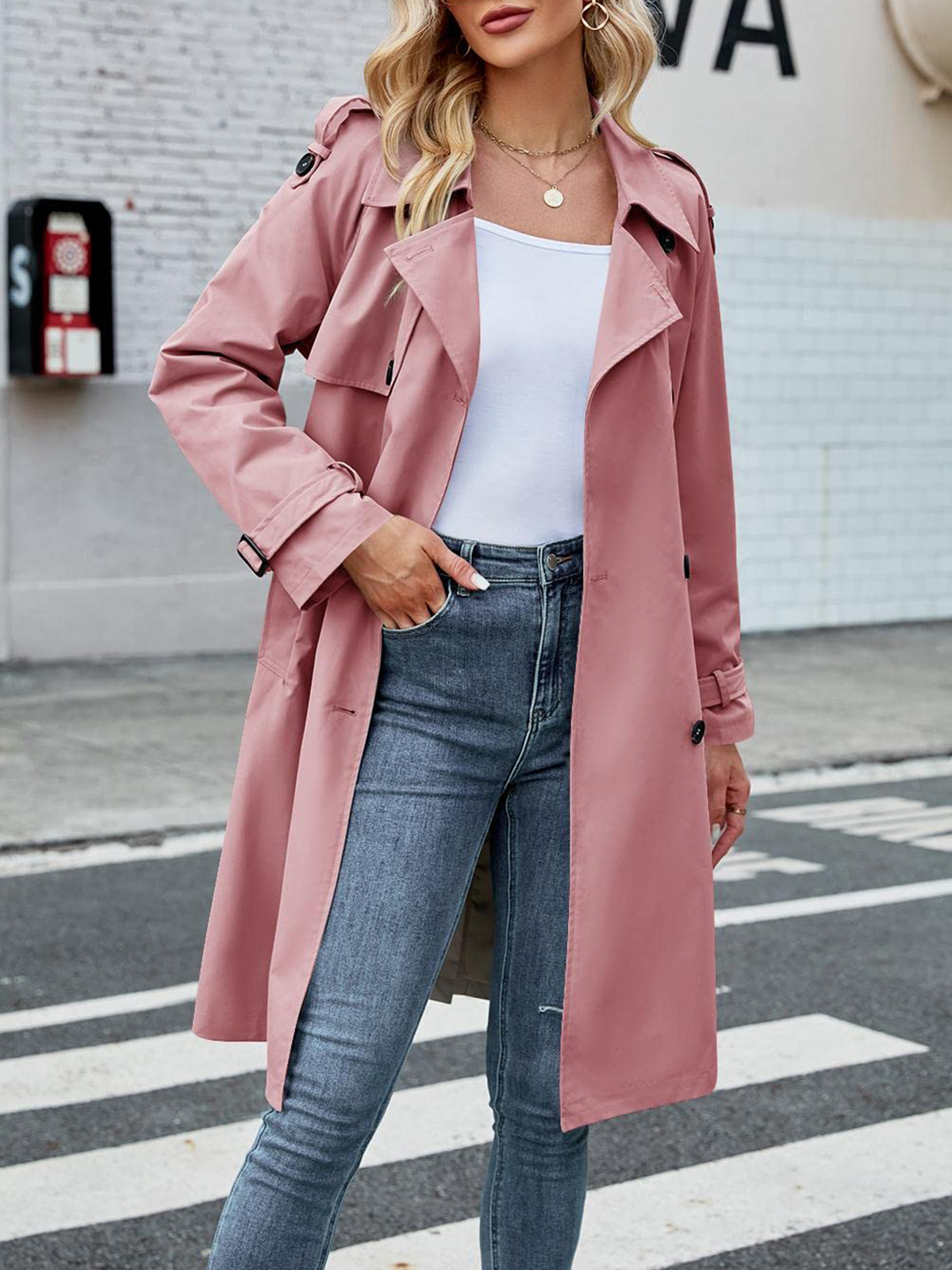 Women's Double Breasted Long Trench Coat Windproof Classic Lapel Slim Overcoat with Belt