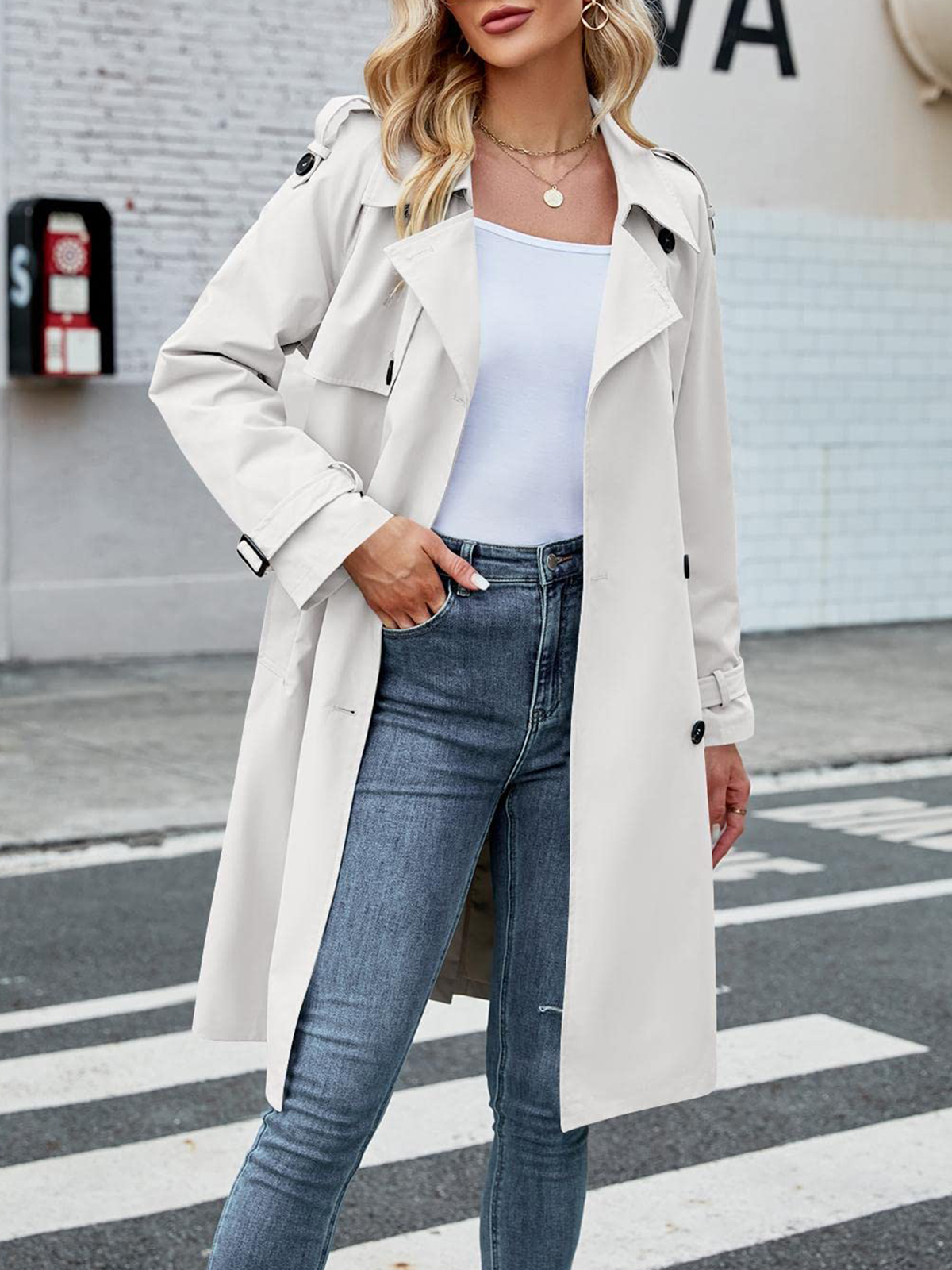 Women's Double Breasted Long Trench Coat Windproof Classic Lapel Slim Overcoat with Belt