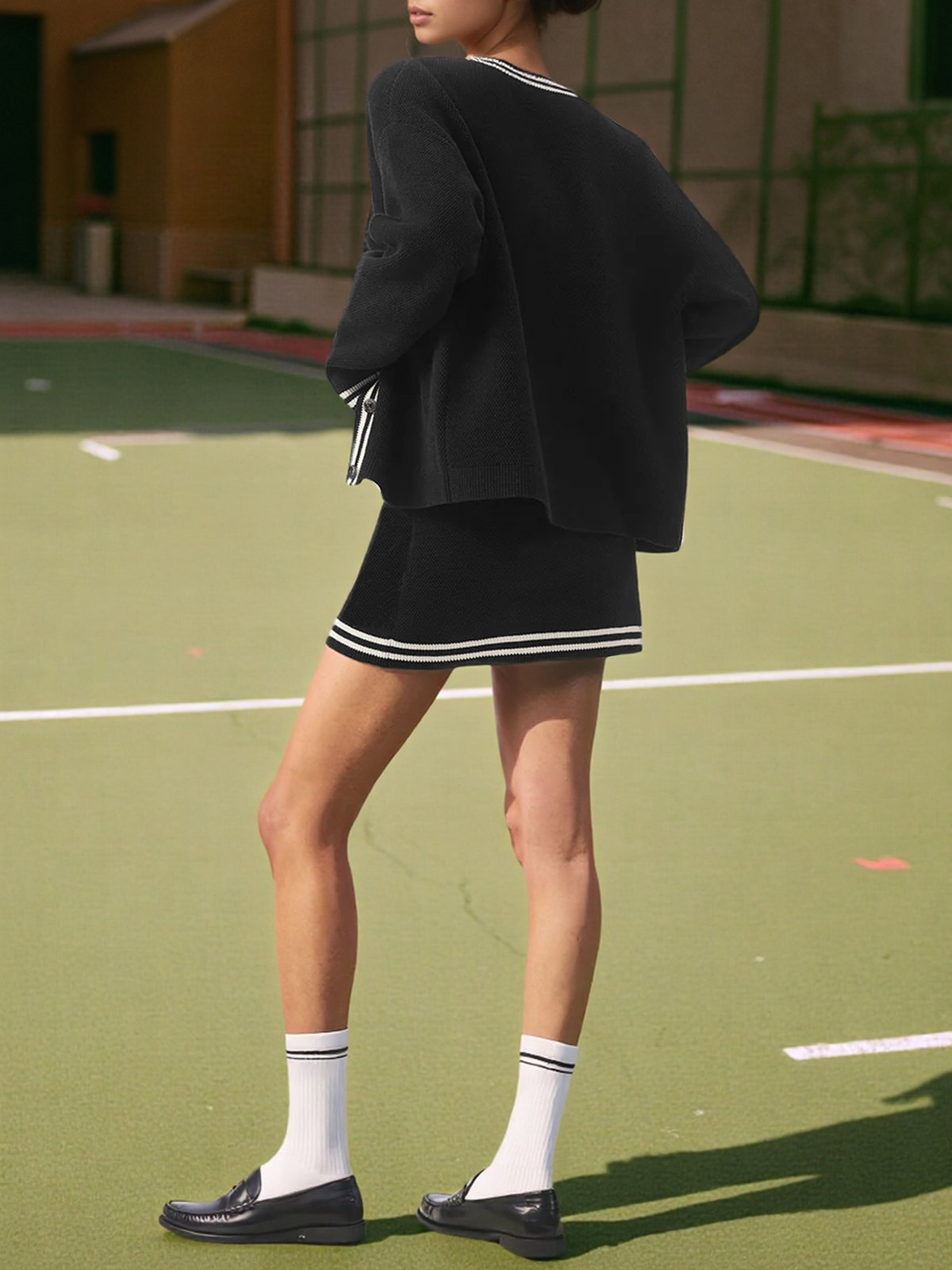 Button Front Cardigan High Waisted Skirts Workout Knit 3 Piece Sets