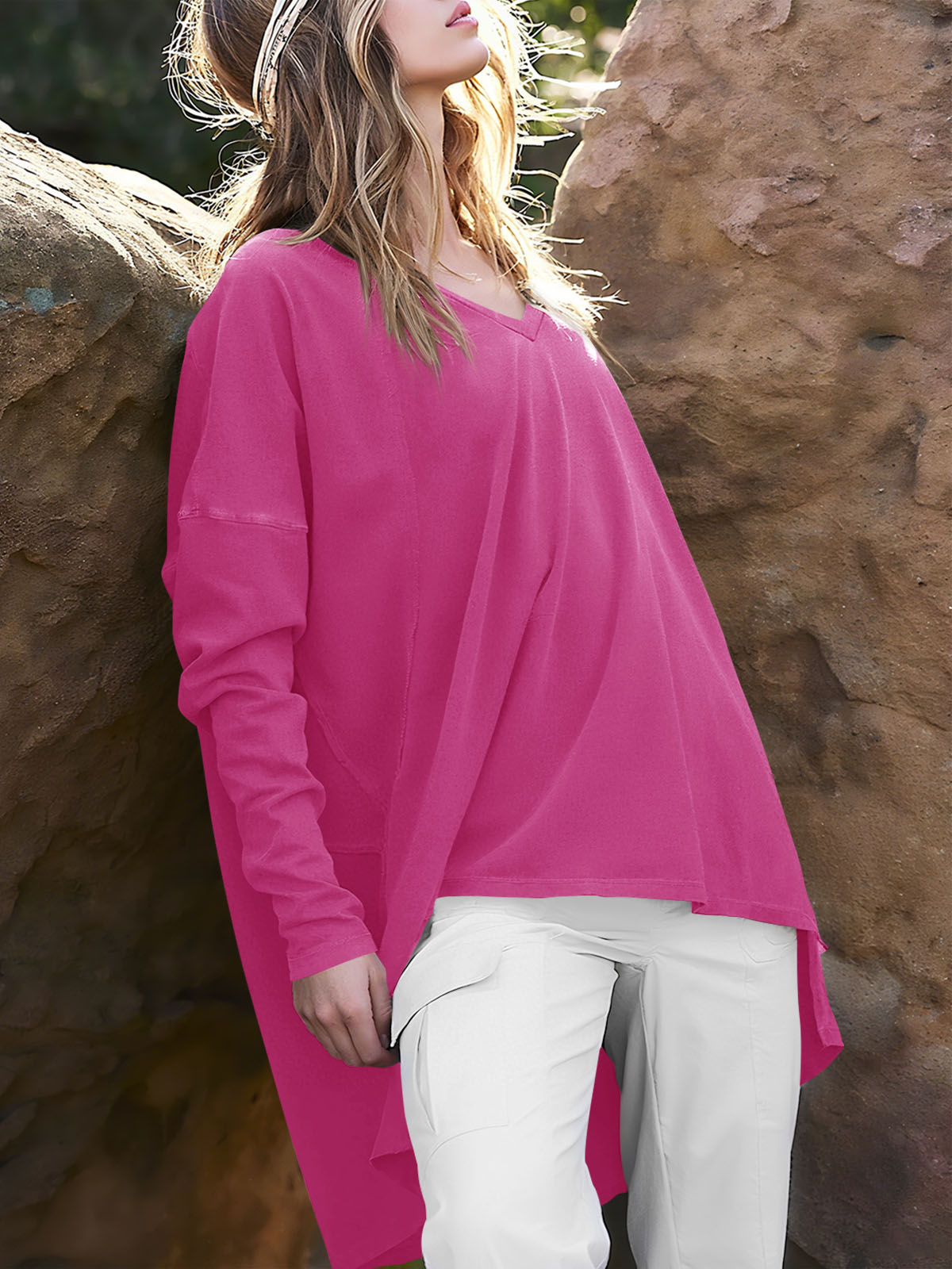 High Low V Neck Oversized Tunic Tops