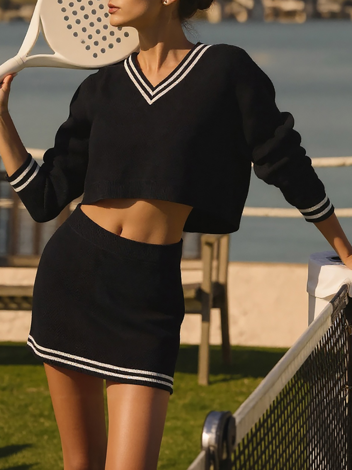 Womens Casual 2 Piece Outfits V Neck Knit Sweater Mini Skirt Sets