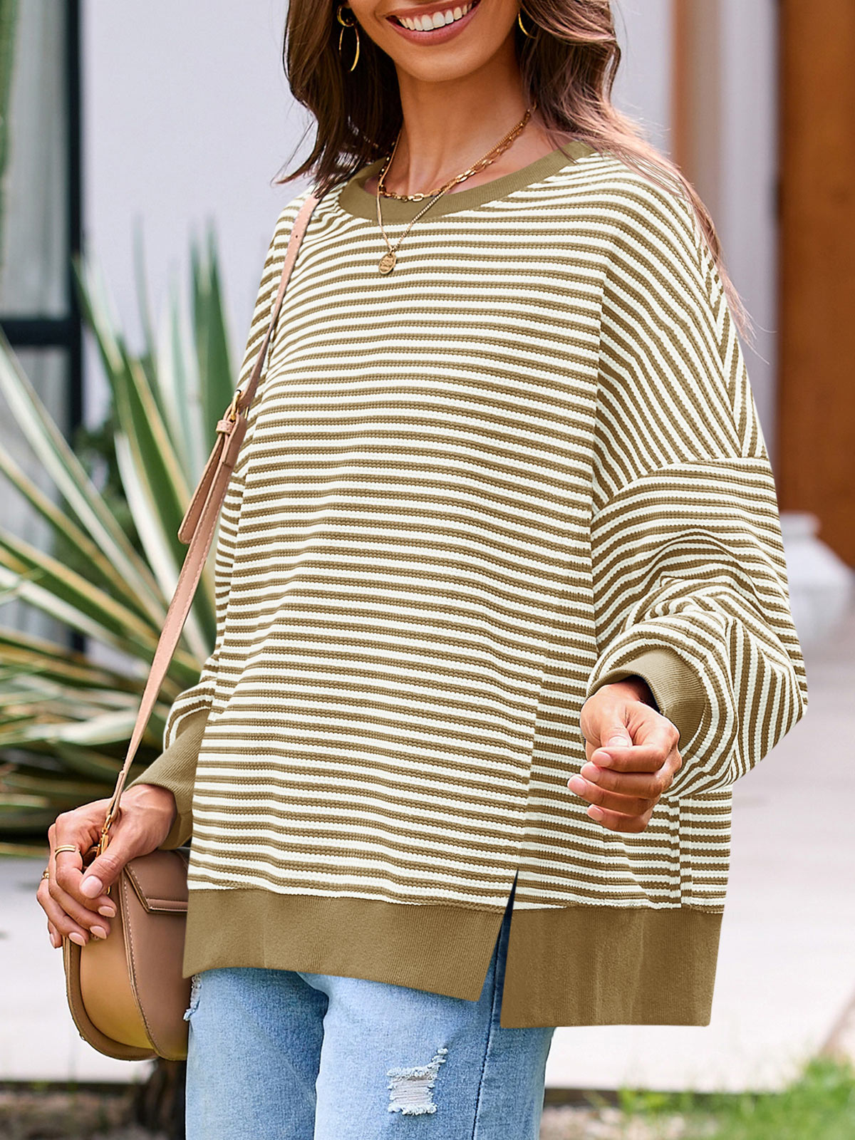 Women's Waffle Knit Long Sleeve Crewneck Oversized Sweatshirt