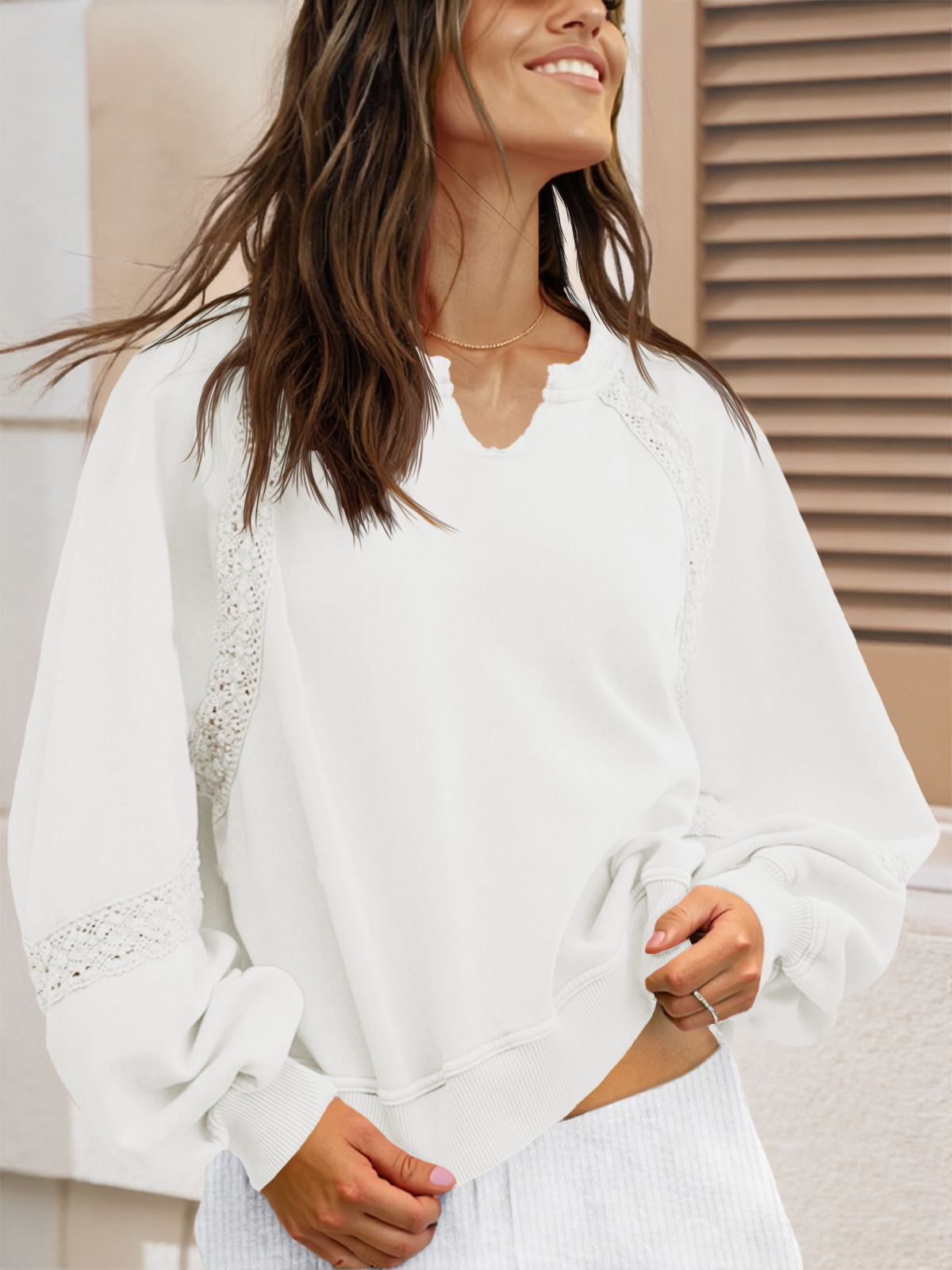 Womens Oversized Sweatshirt Casual V Neck Lace Lantern Long Sleeve Cropped Loose Fit Fall Pullover Tops