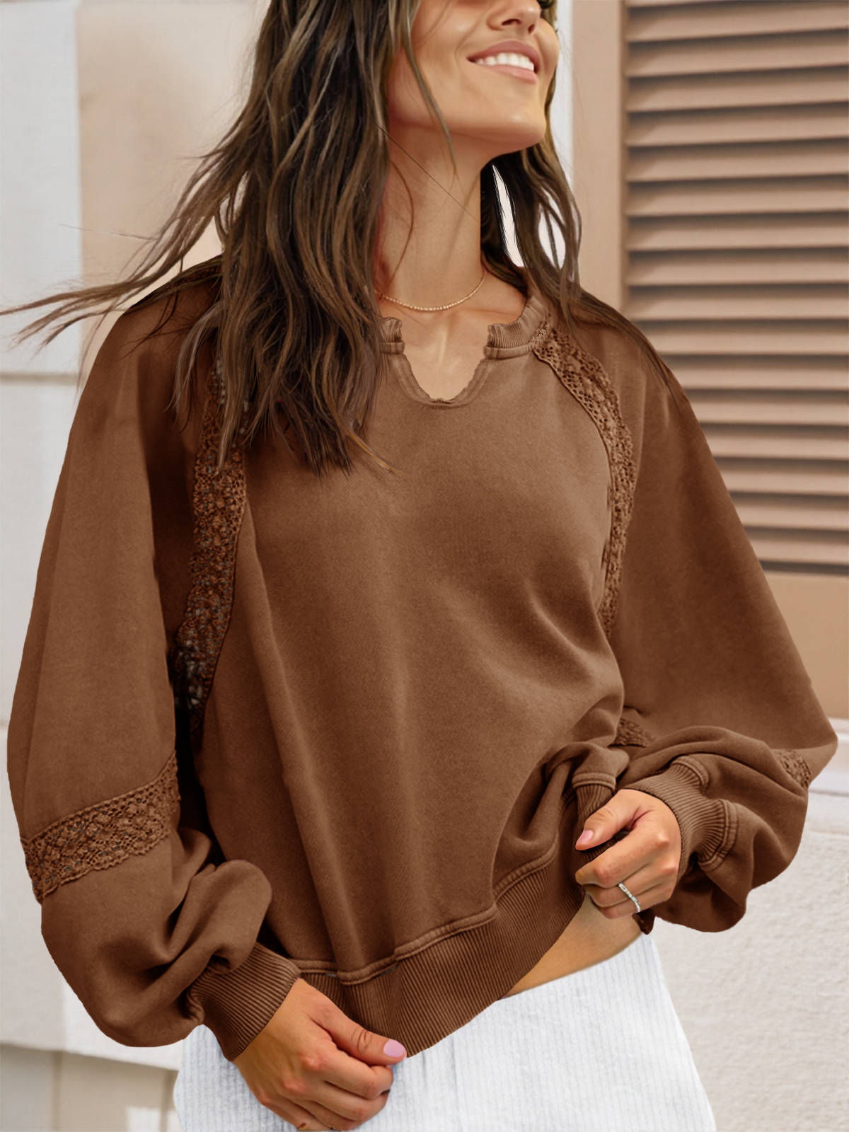 Casual V Neck Lace Lantern Long Sleeve Loose Fall Sweatshirt