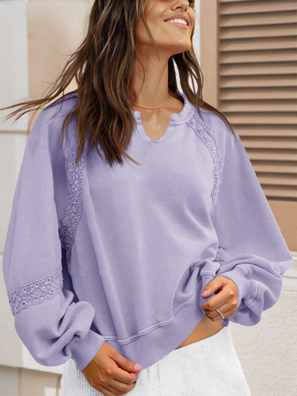 Casual V Neck Lace Lantern Long Sleeve Loose Fall Sweatshirt