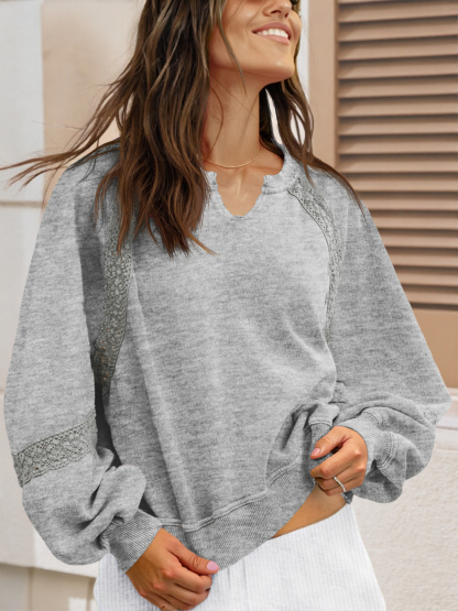 Casual V Neck Lace Lantern Long Sleeve Loose Fall Sweatshirt
