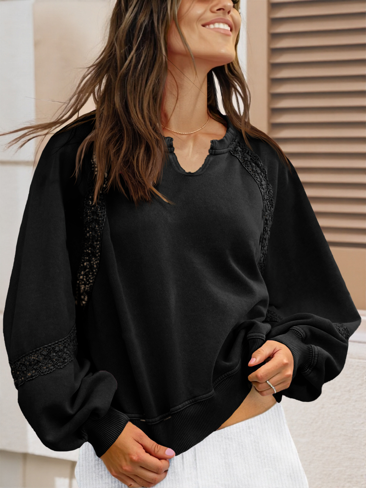 Casual V Neck Lace Lantern Long Sleeve Loose Fall Sweatshirt