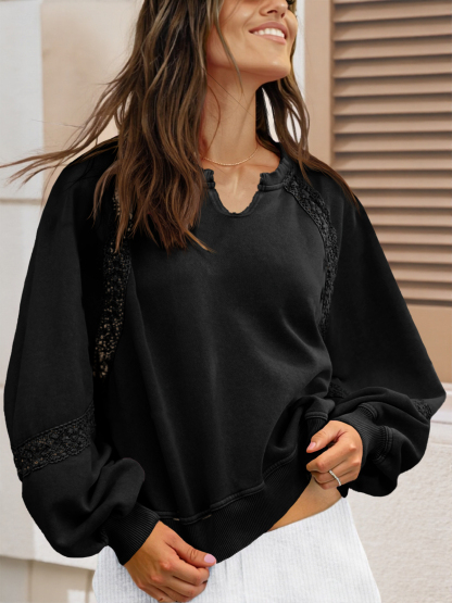 Casual V Neck Lace Lantern Long Sleeve Loose Fall Sweatshirt