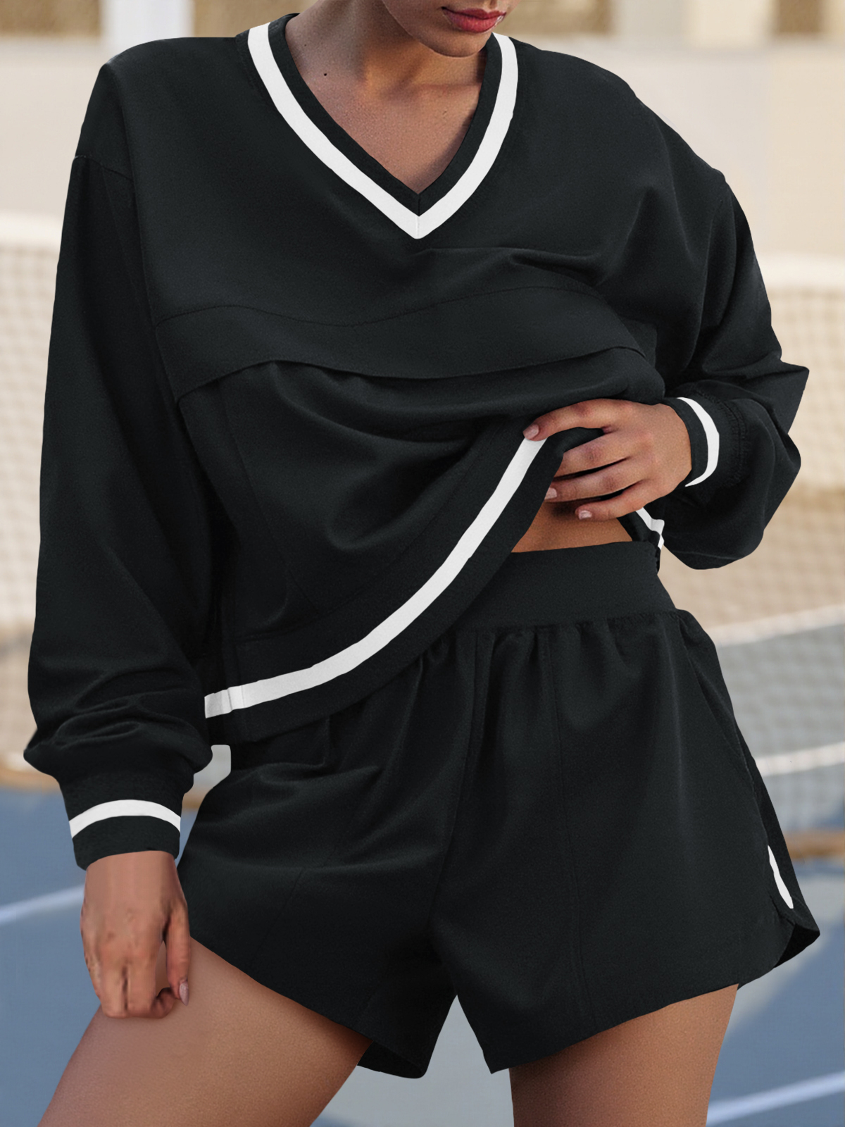Workout V Neck Sweatshirt High Waist Shorts Sets 2 Piece Outfits