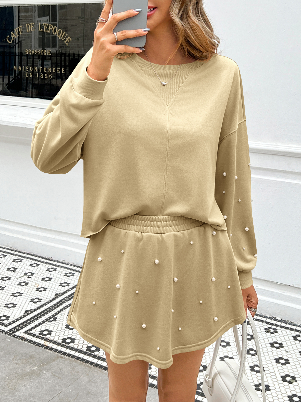 Casual Decor Pearl Long Sleeve Loose Fall Skort Mini Skirt Sets