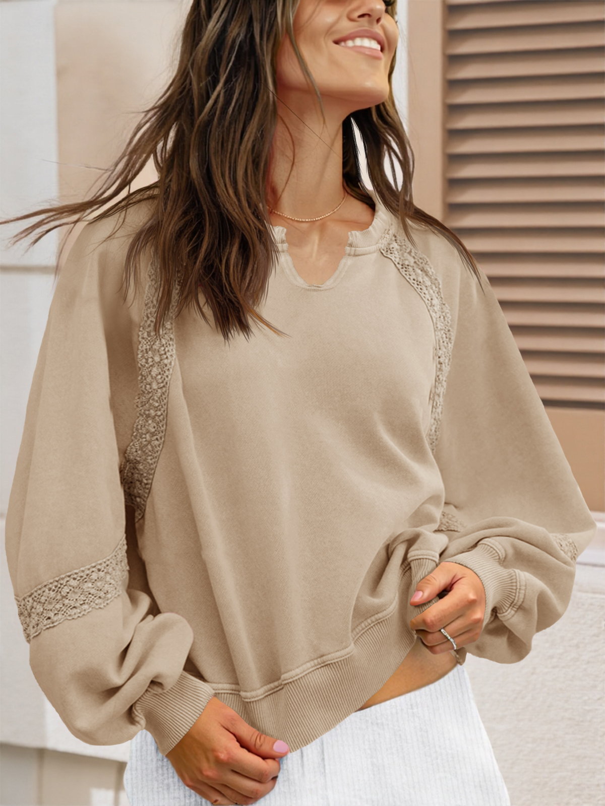 Casual V Neck Lace Lantern Long Sleeve Loose Fall Sweatshirt