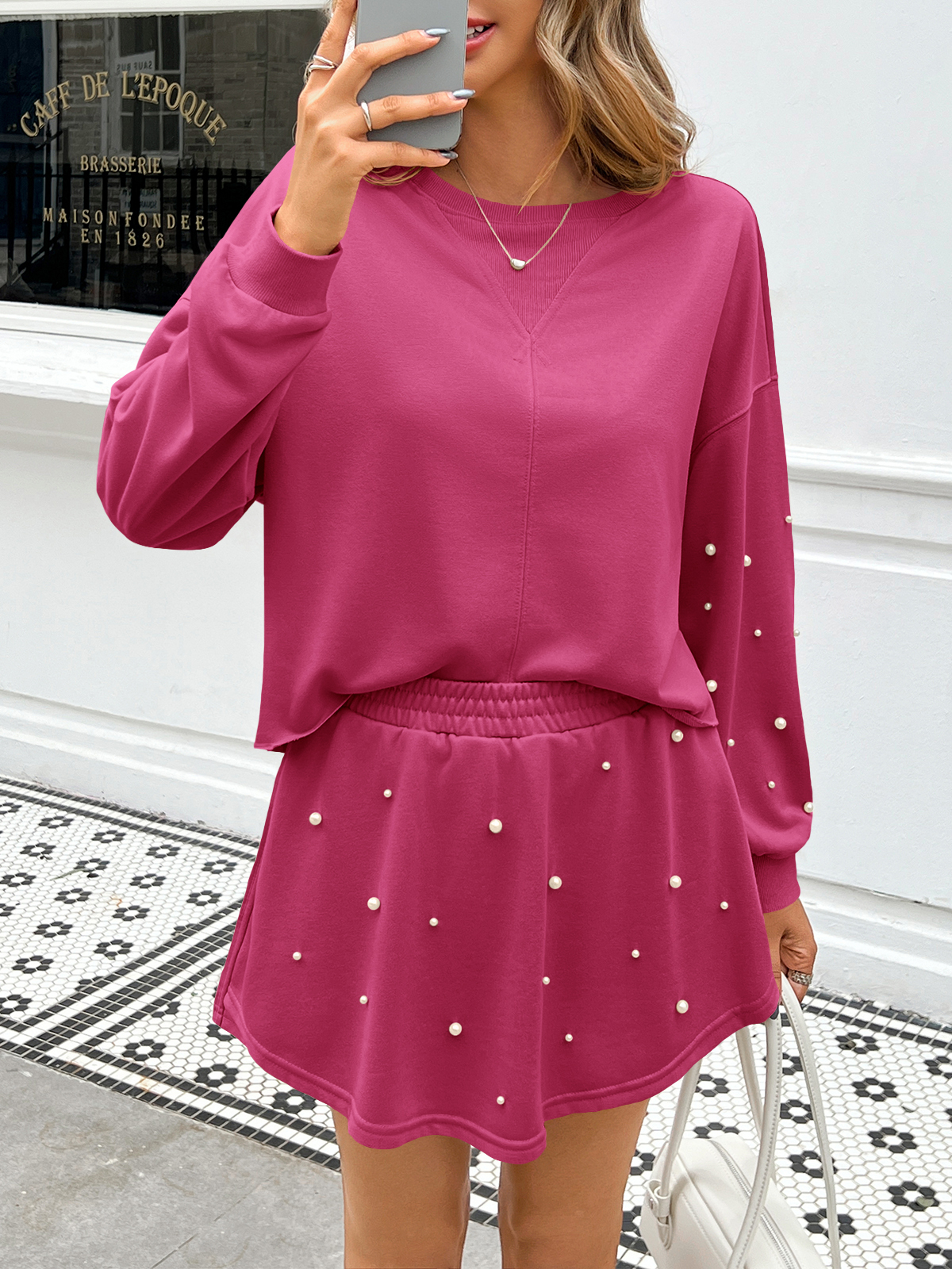 Casual Decor Pearl Long Sleeve Loose Fall Skort Mini Skirt Sets