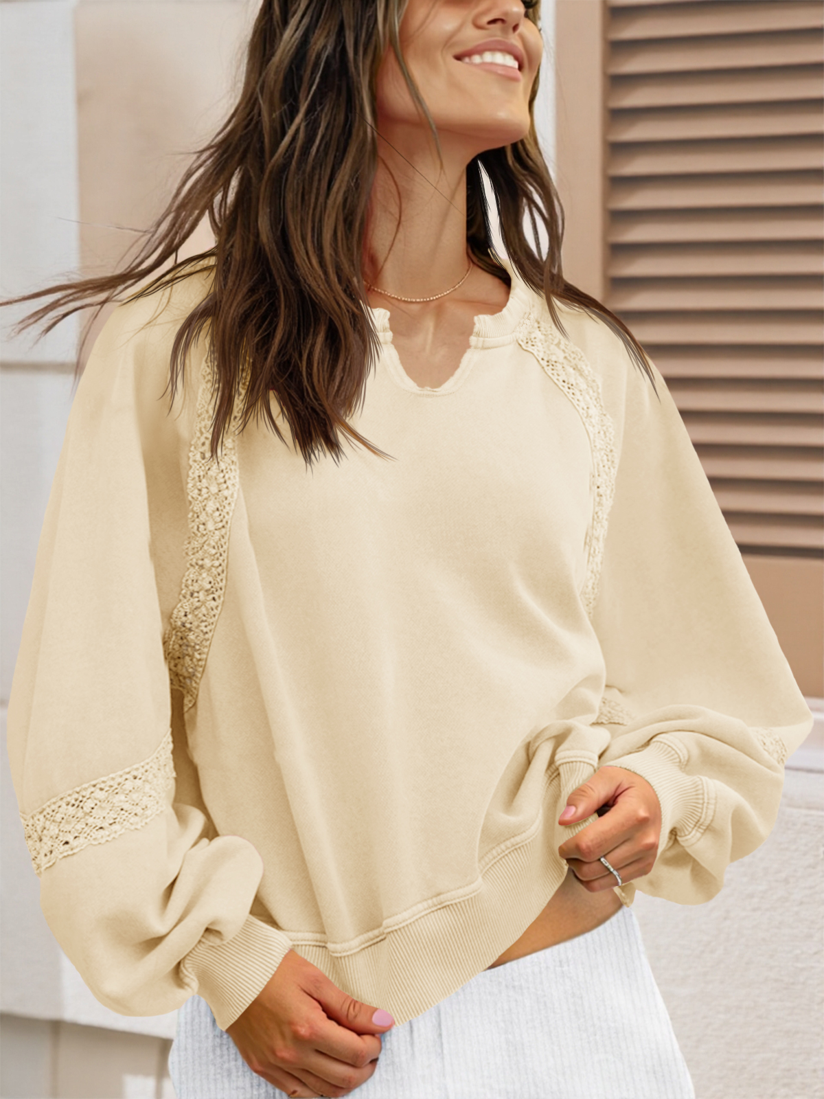 Casual V Neck Lace Lantern Long Sleeve Loose Fall Sweatshirt