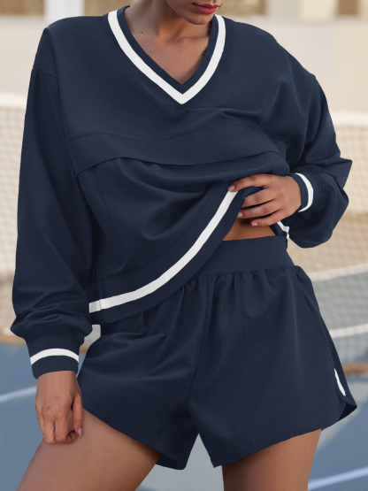 Workout V Neck Sweatshirt High Waist Shorts Sets 2 Piece Outfits