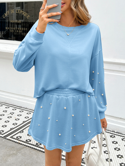 Casual Decor Pearl Long Sleeve Loose Fall Skort Mini Skirt Sets