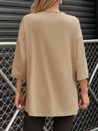 Casual Oversized 3/4 Sleeve Summer Loose Side Slit T Shirts