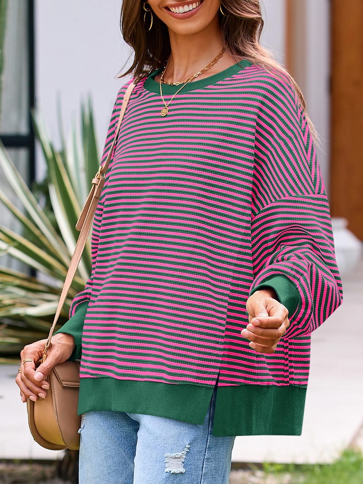 Women's Waffle Knit Long Sleeve Crewneck Oversized Sweatshirt