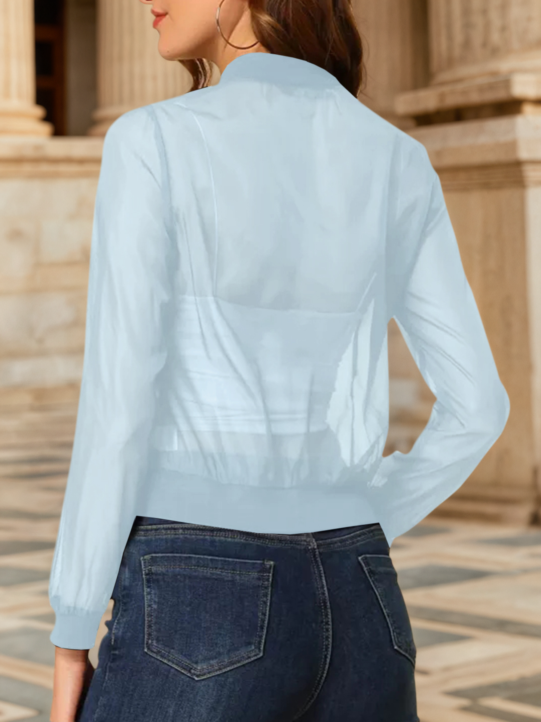 Fisoew Women's Crop Mesh Sheer Bomber Jackets Lightweight Long Sleeve Zip Up Jacket Outwear