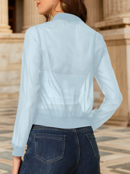Fisoew Women's Crop Mesh Sheer Bomber Jackets Lightweight Long Sleeve Zip Up Jacket Outwear
