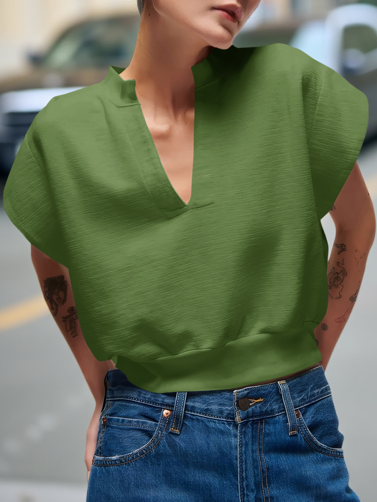 Cap Sleeve V Neck Sweatshirts