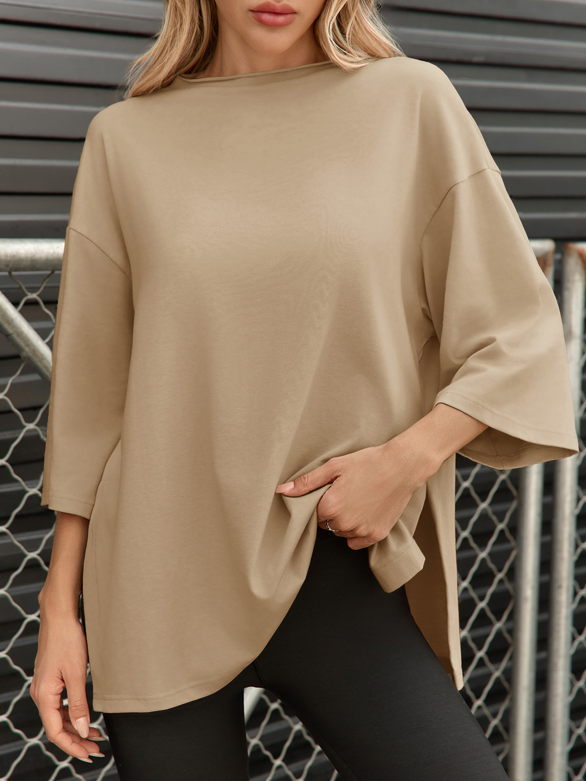 Casual Oversized 3/4 Sleeve Summer Loose Side Slit T Shirts