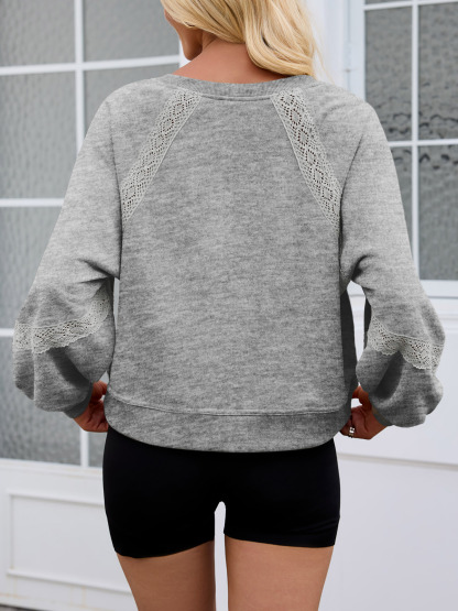Casual V Neck Lace Lantern Long Sleeve Loose Fall Sweatshirt