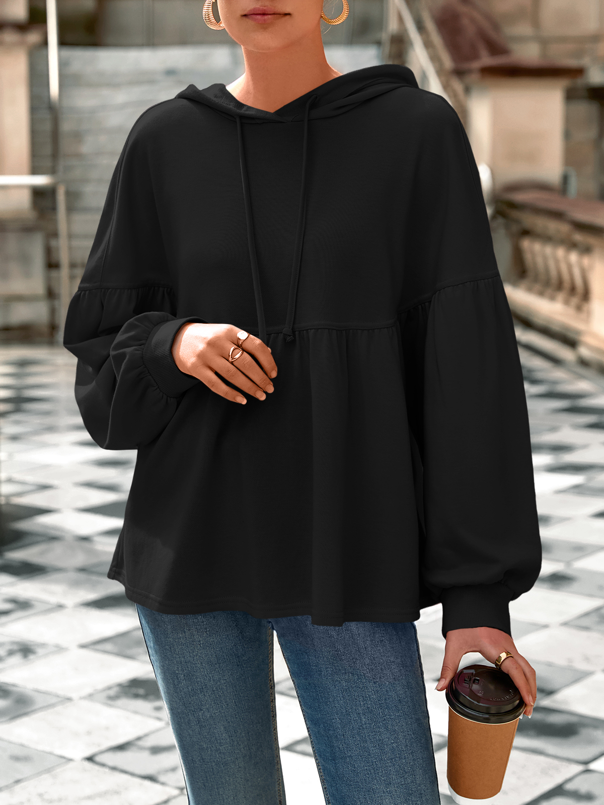 Lantern Long Sleeve Drawstring Peplum Hem Hoodies