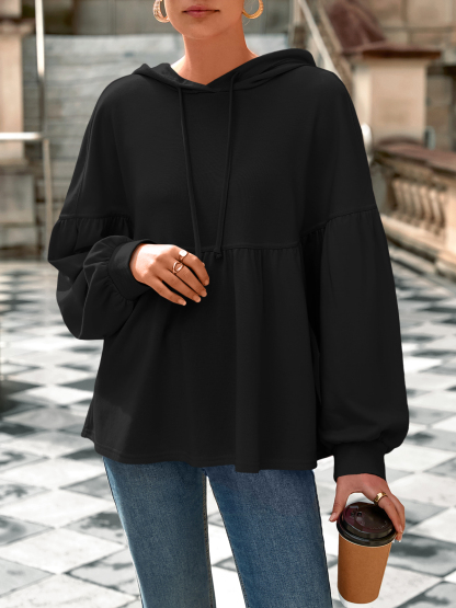 Lantern Long Sleeve Drawstring Peplum Hem Hoodies