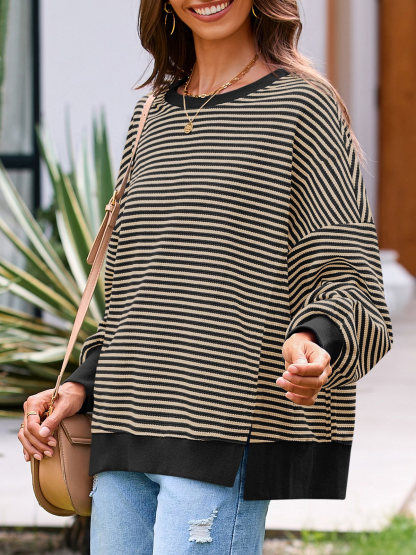 Women's Waffle Knit Long Sleeve Crewneck Oversized Sweatshirt