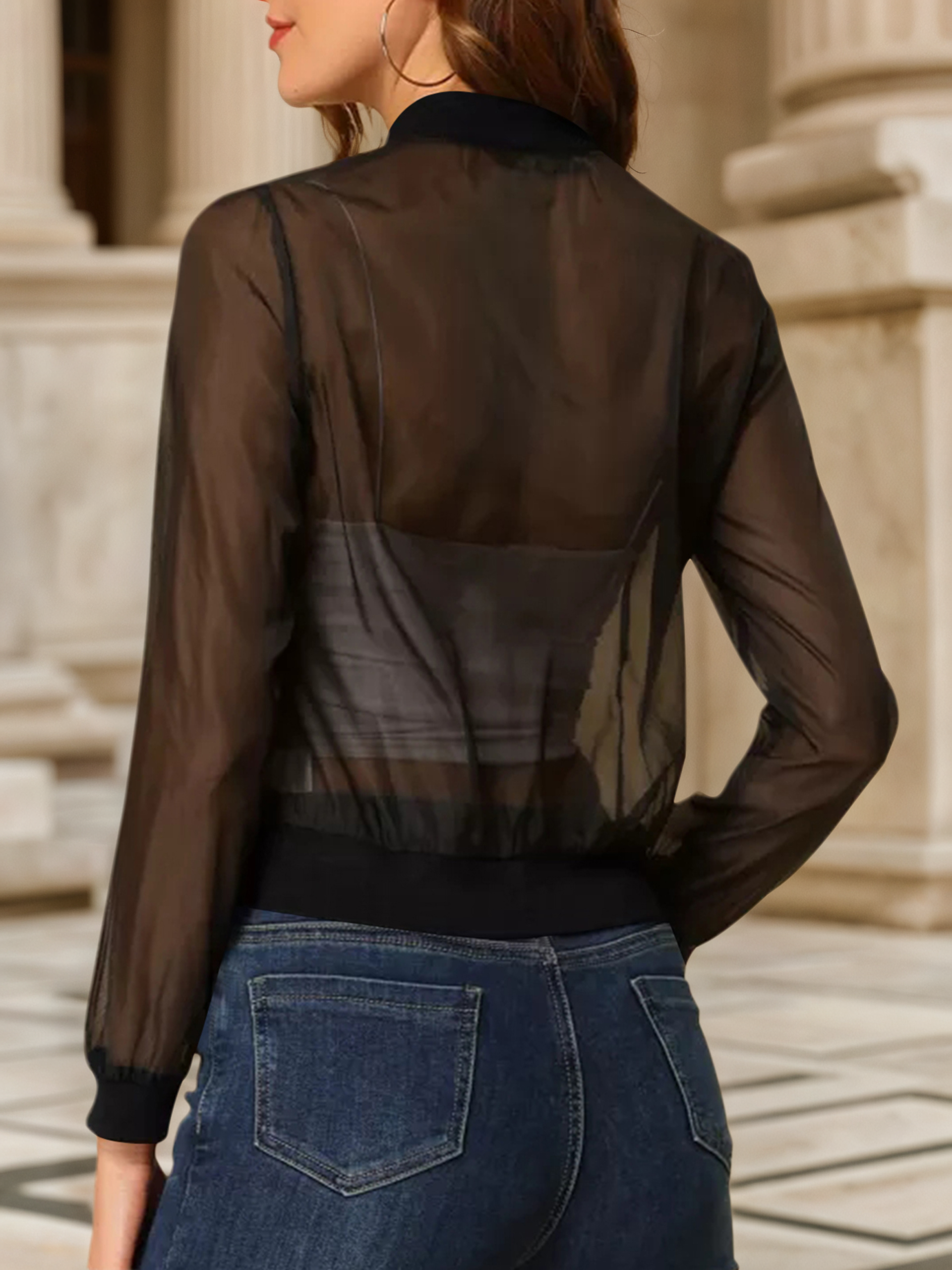 Fisoew Women's Crop Mesh Sheer Bomber Jackets Lightweight Long Sleeve Zip Up Jacket Outwear