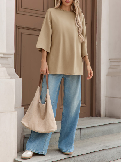 Casual Oversized 3/4 Sleeve Summer Loose Side Slit T Shirts