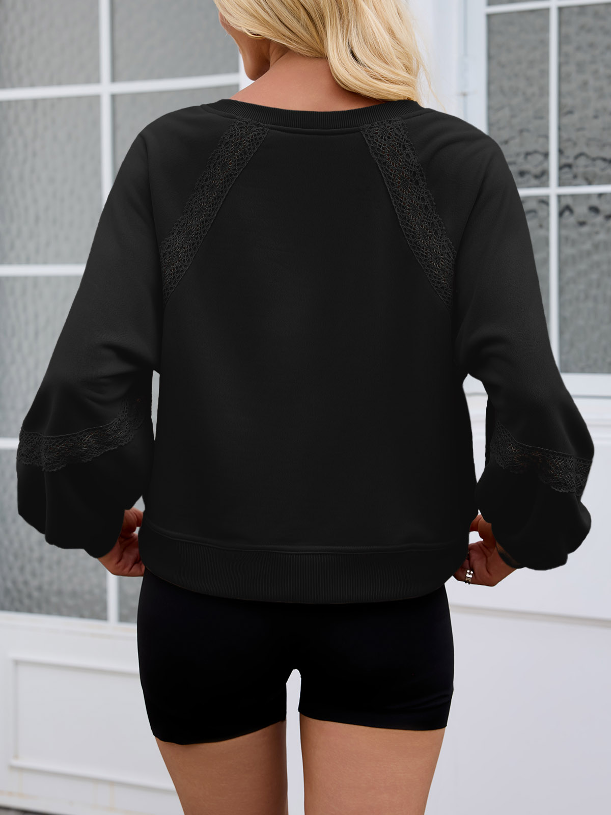 Casual V Neck Lace Lantern Long Sleeve Loose Fall Sweatshirt
