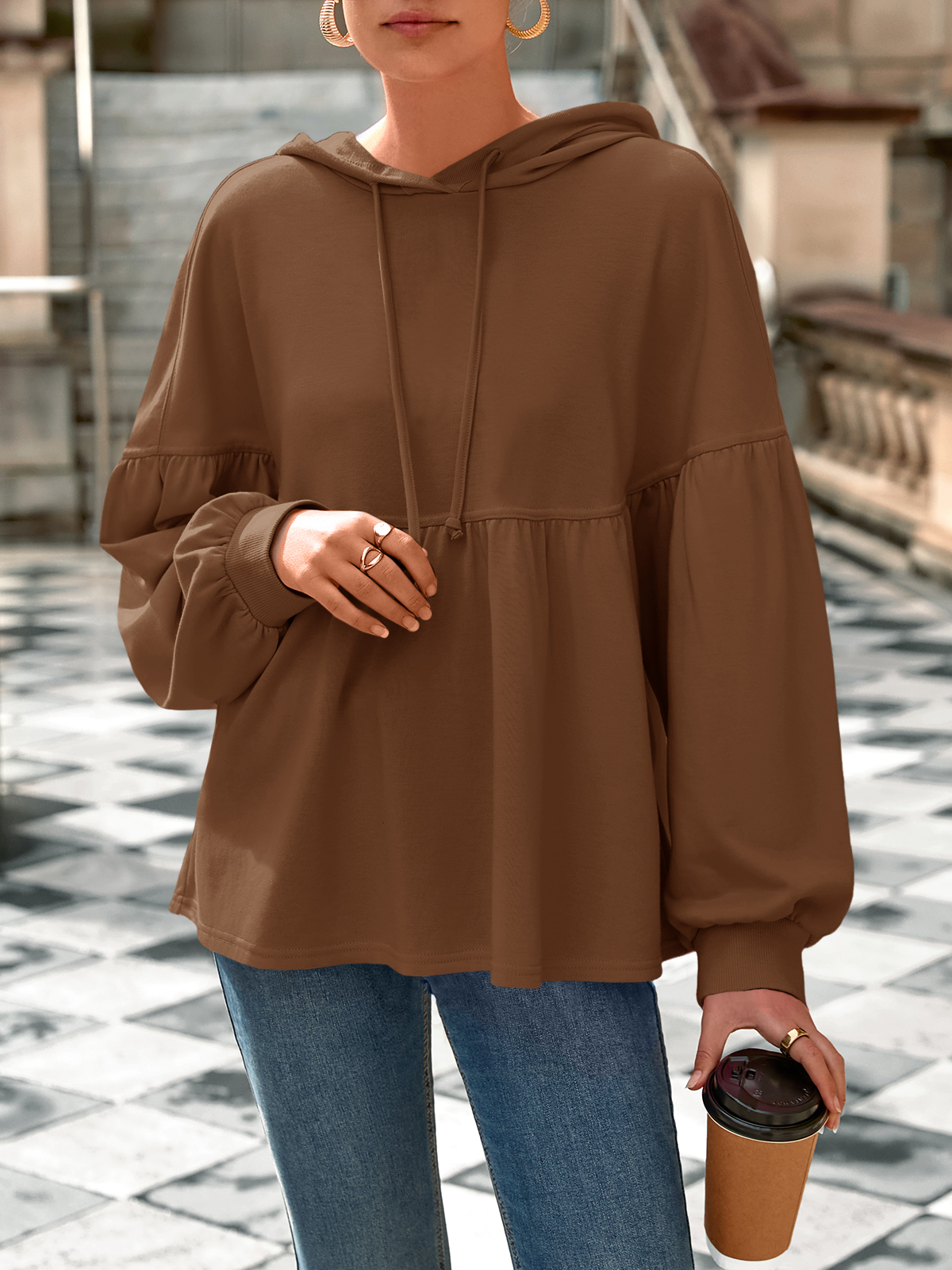 Lantern Long Sleeve Drawstring Peplum Hem Hoodies