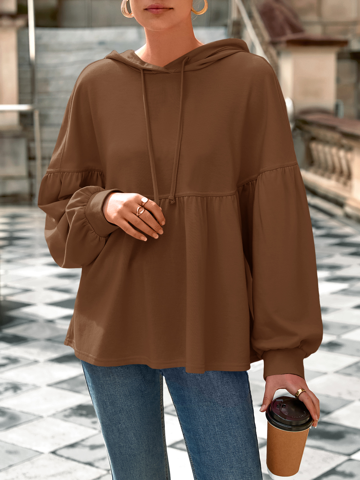 Lantern Long Sleeve Drawstring Peplum Hem Hoodies