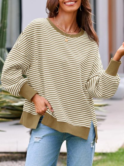 Women's Waffle Knit Long Sleeve Crewneck Oversized Sweatshirt