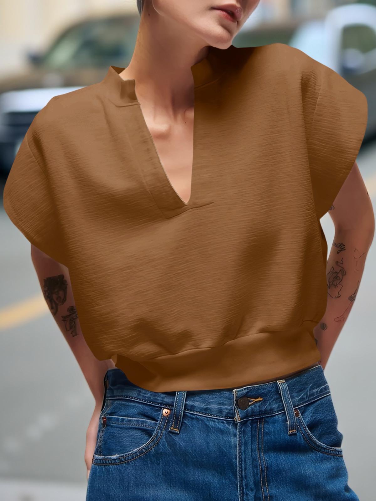 Cap Sleeve V Neck Sweatshirts