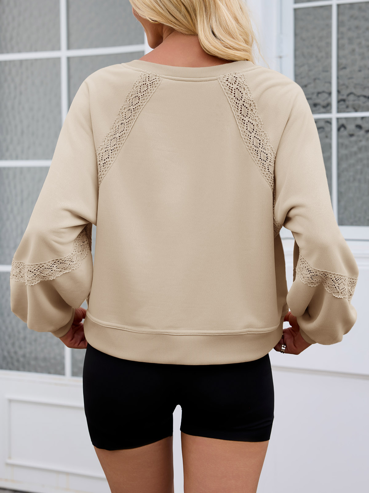 Casual V Neck Lace Lantern Long Sleeve Loose Fall Sweatshirt