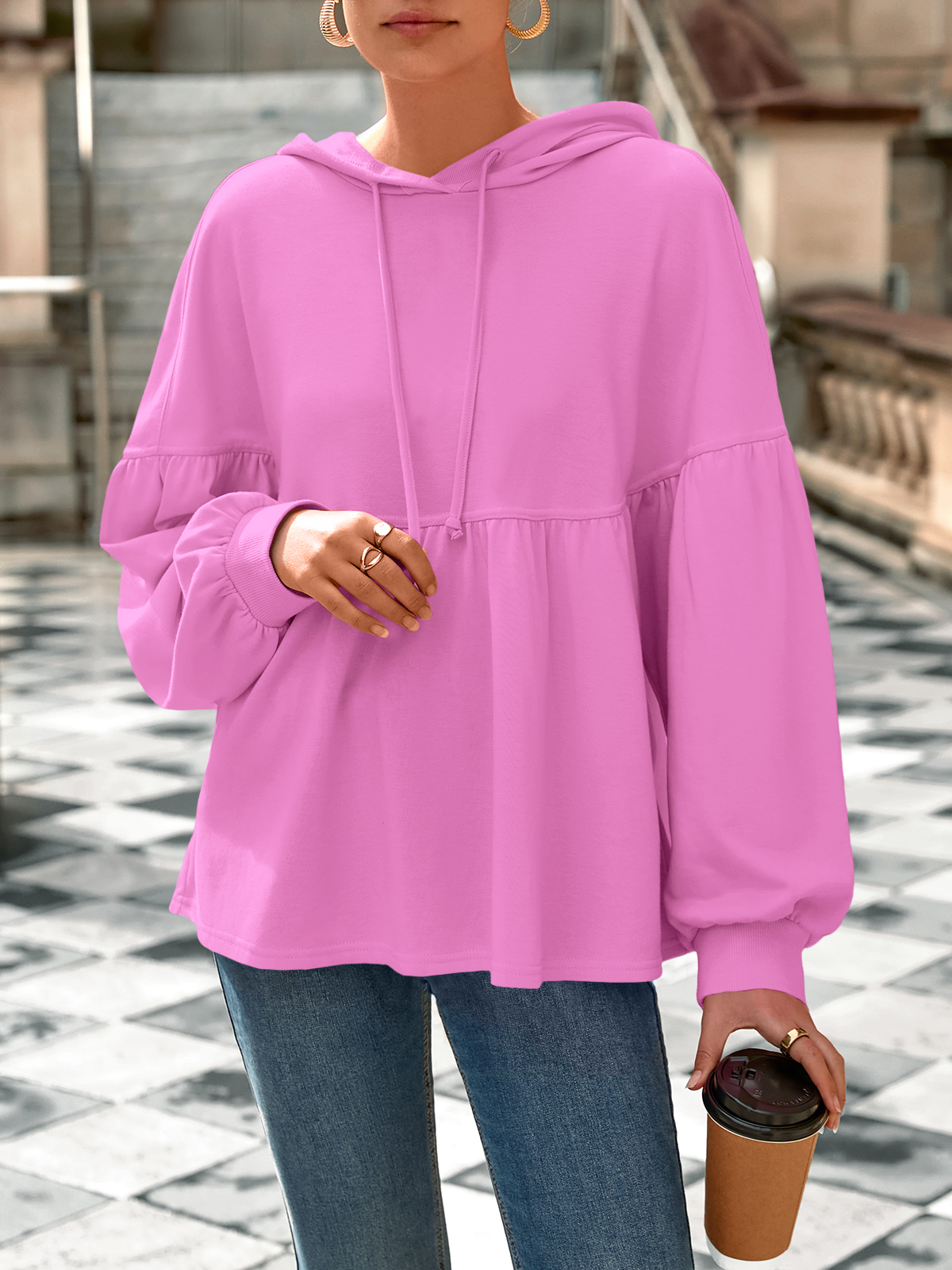 Lantern Long Sleeve Drawstring Peplum Hem Hoodies
