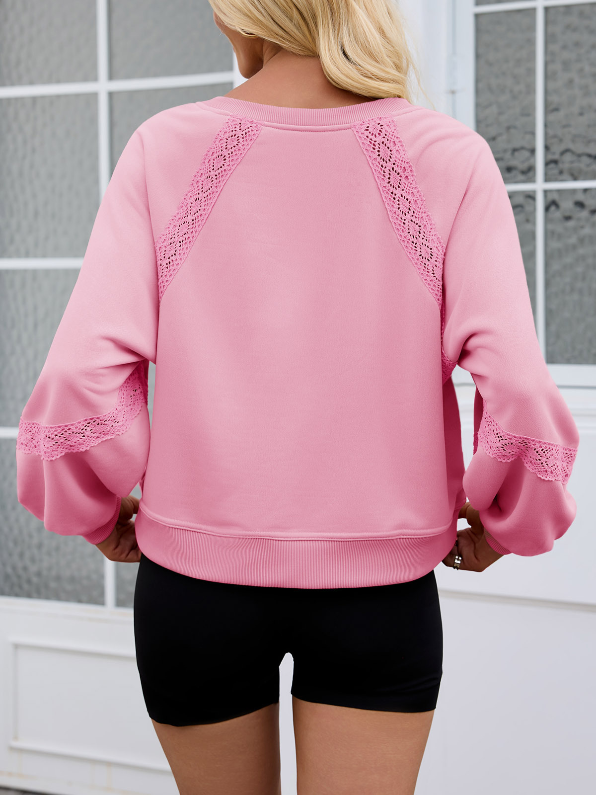 Casual V Neck Lace Lantern Long Sleeve Loose Fall Sweatshirt