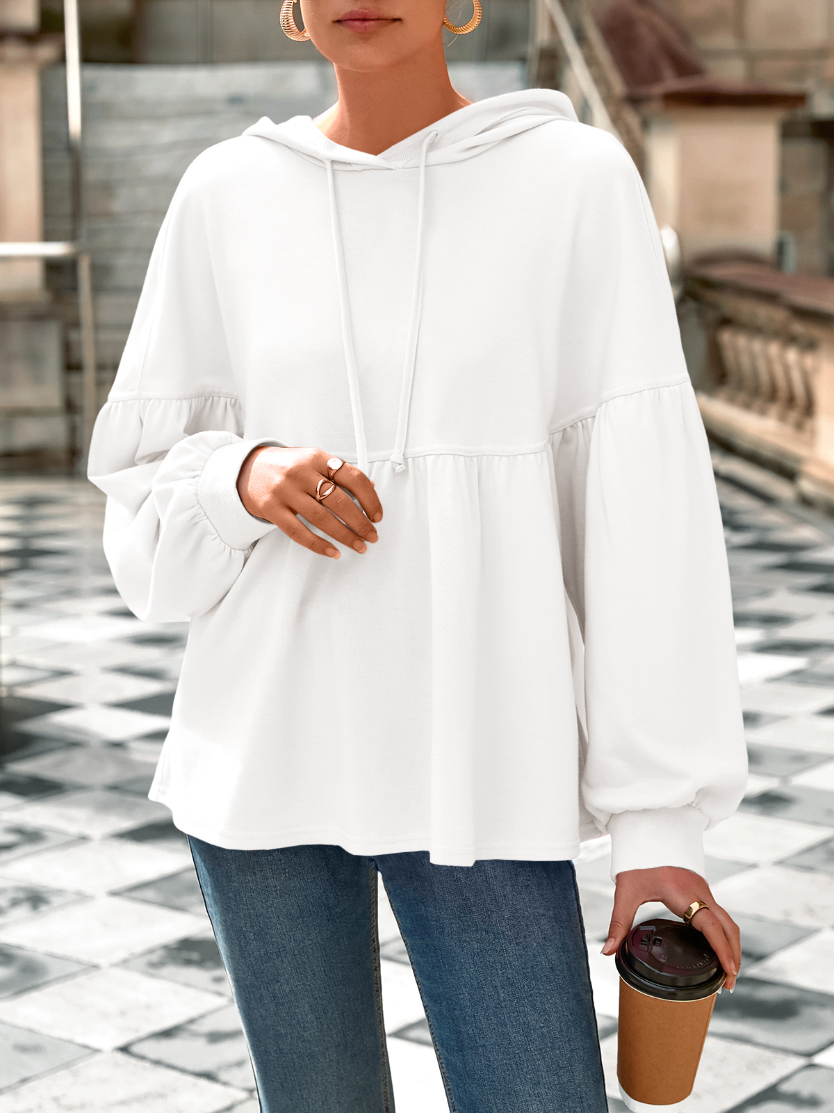 Lantern Long Sleeve Drawstring Peplum Hem Hoodies