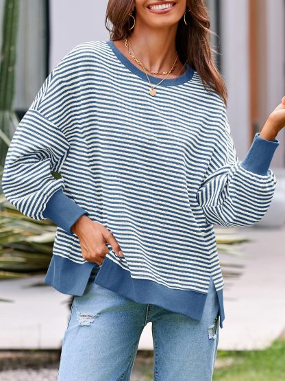 Women's Waffle Knit Long Sleeve Crewneck Oversized Sweatshirt