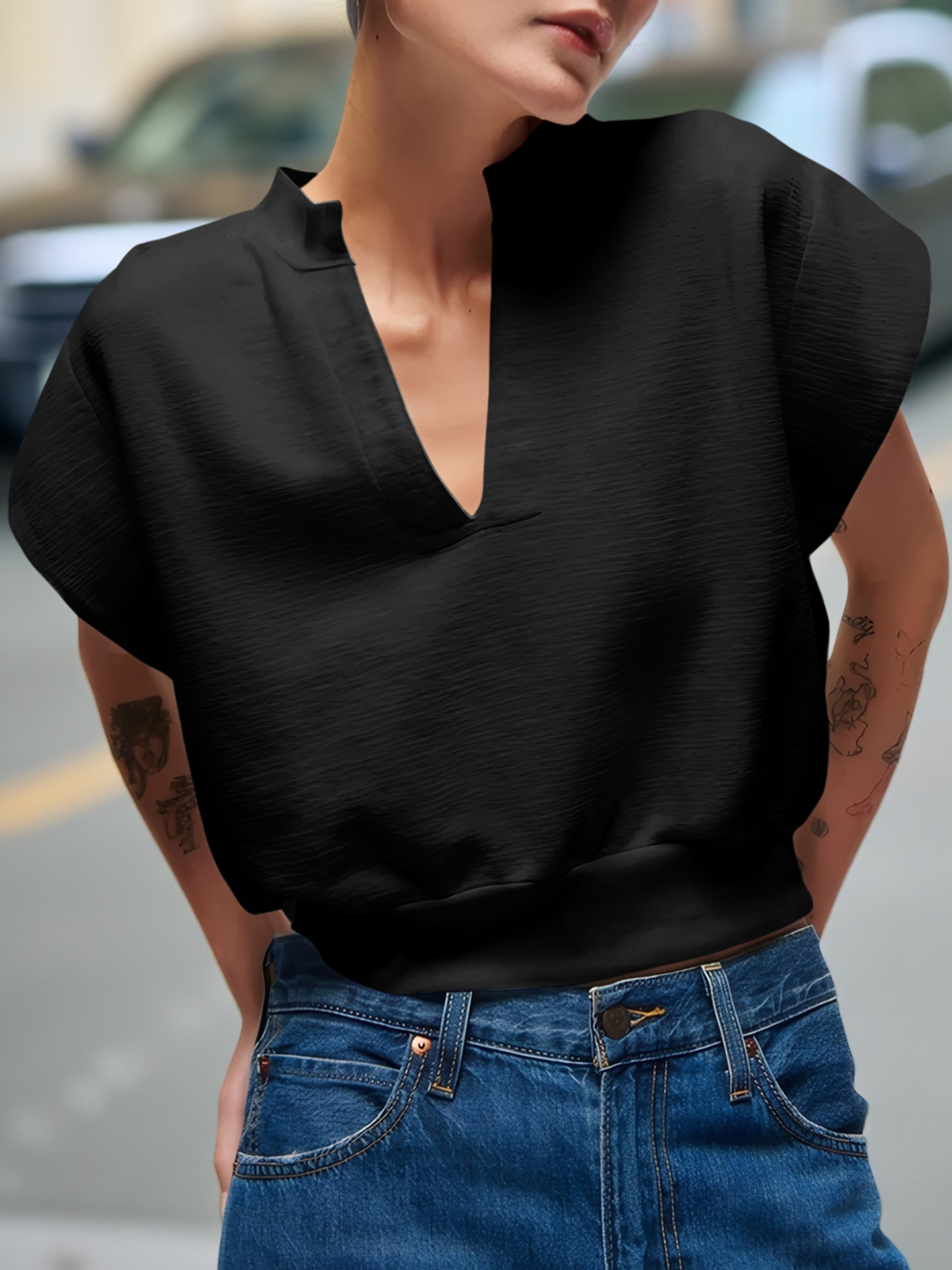Cap Sleeve V Neck Sweatshirts