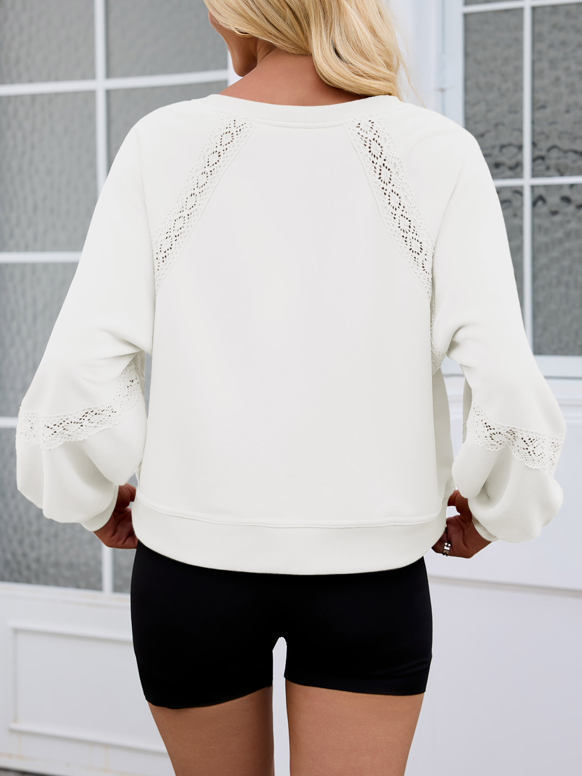 Casual V Neck Lace Lantern Long Sleeve Loose Fall Sweatshirt
